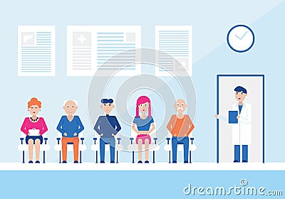 Cartoon Color Characters People Patients Doctors Waiting Concept. Vector Vector Illustration