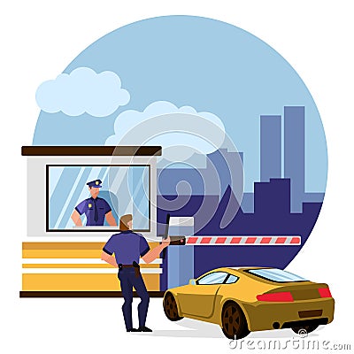 Cartoon Color Characters People and Protect Toll Booth Concept. Vector Vector Illustration