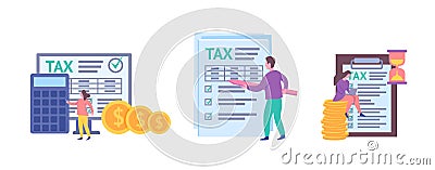 Cartoon Color Characters People and Taxes and Fees Paying Concept. Vector Vector Illustration