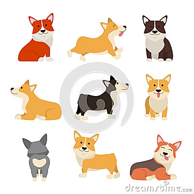 Cartoon Color Characters Welsh Corgi Set. Vector Vector Illustration