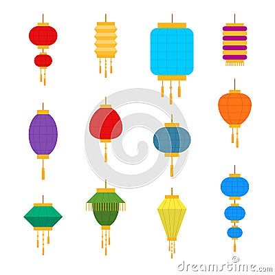 Cartoon Color Chinese Lantern Icon Set. Vector Vector Illustration