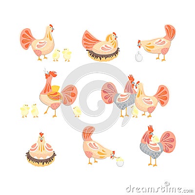 Cartoon Color Cute Hens Icons Set. Vector Vector Illustration