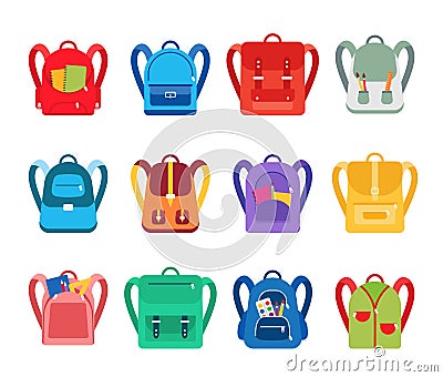 Cartoon Color Different Backpacks Icon Set. Vector Vector Illustration