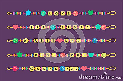 Cartoon Color Different Plastic Beads Bracelets Set. Vector Vector Illustration