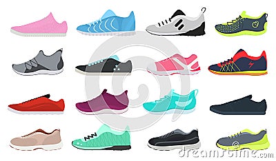 Cartoon Color Different Sneakers Shoes Set. Vector Vector Illustration