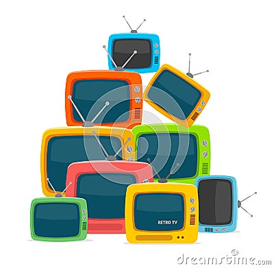 Cartoon Color Different Types Retro Tv Pile. Vector Vector Illustration