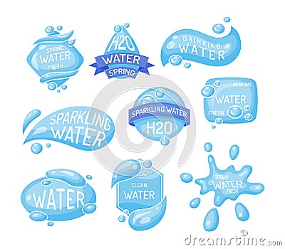 Cartoon Color Different Water Labels Badges Stickers Set. Vector Vector Illustration