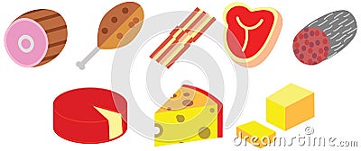 Cartoon color doodles flat meat cheese eat food pack set Vector Illustration