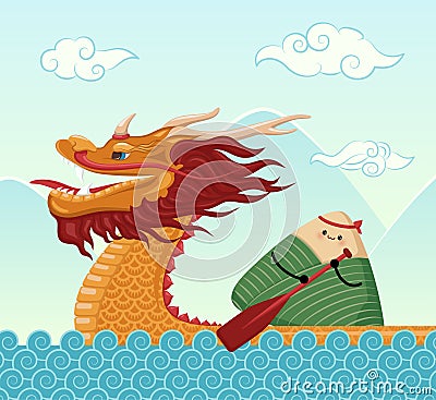 Cartoon Color Dragon Boat Festival Concept Banner Poster Card. Vector Vector Illustration