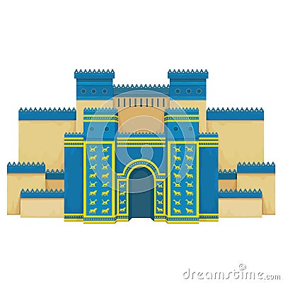 Cartoon color drawing: Ishtar Gate. Ancient sacred temple. Vector Illustration