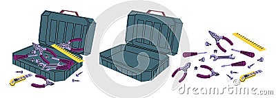 Cartoon Color Empty and Full Open Construction Toolkit Boxes Set. Vector Cartoon Illustration