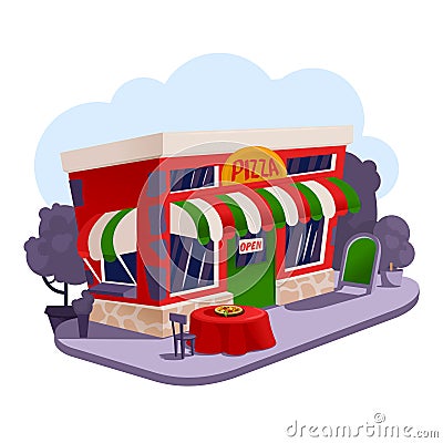 Cartoon Color Facade of Pizzeria Building at Town Concept. Vector Vector Illustration