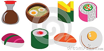 Cartoon color flat sushi set pack cafe doodle rolls cute icon Vector Illustration