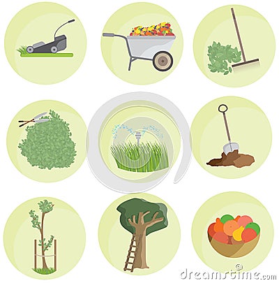 Cartoon color garden set icon pack landscape flat funny Vector Illustration