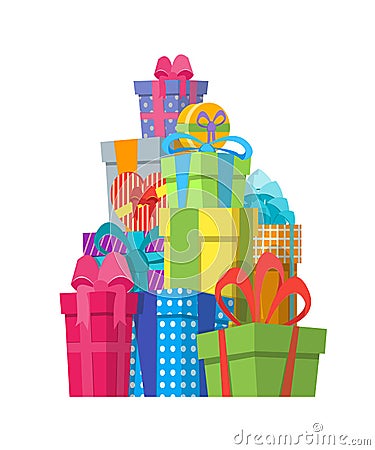 Cartoon Color Gift Boxes Pile. Vector Vector Illustration