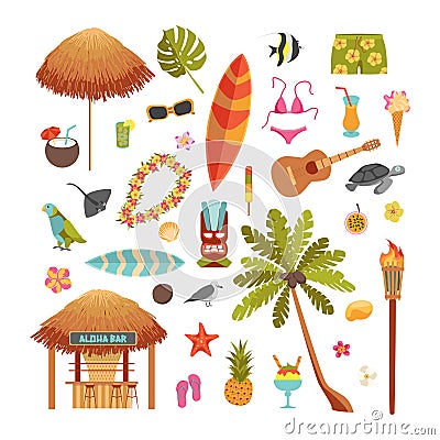 Cartoon Color Hawaiian Beach Party Icons Set. Vector Vector Illustration