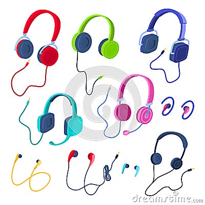Cartoon Color Headphone Headset Icon Set. Vector Vector Illustration