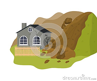 Cartoon Color Home Building and Landslide Concept. Vector Vector Illustration