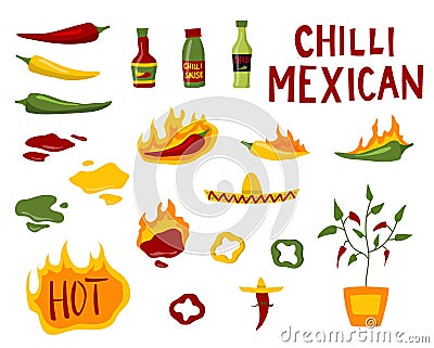 Cartoon Color Hot Chilli Sauces Icon Set. Vector Cartoon Illustration
