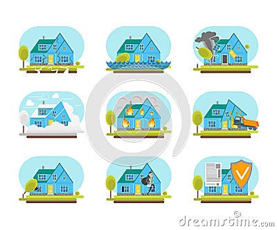 Cartoon Color House Insurance Service Icons Set. Vector Vector Illustration