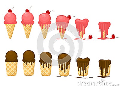 Cartoon Color Ice Cream Melting Icon Set. Vector Vector Illustration