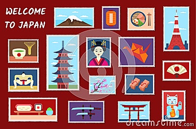 Cartoon Color Japan Travel Stamp Set. Vector Vector Illustration