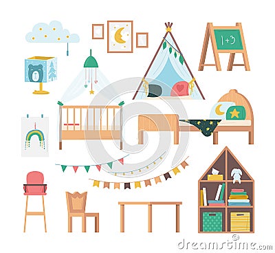 Cartoon Color Kids Furniture Icon Set. Vector Vector Illustration