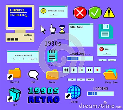 Cartoon Color Nineties Retro Computer Sticker Old Interface Set. Vector Vector Illustration