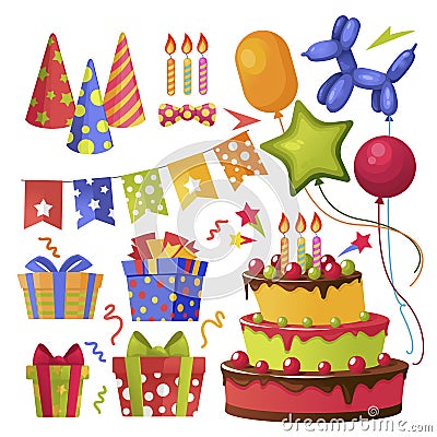 Cartoon Color Party Decorations Icon Set. Vector Vector Illustration