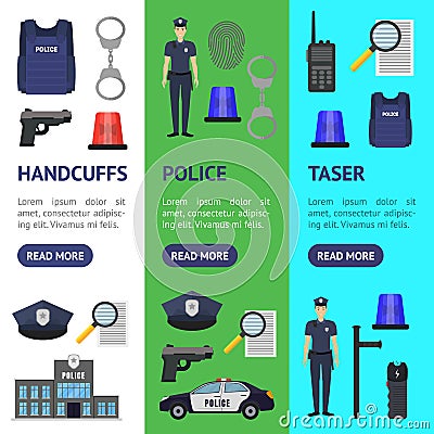 Cartoon Color Policeman and Police Elements Banner Vecrtical Set. Vector Vector Illustration