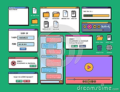 Cartoon Color Retro Browser Computer Window Elements Set. Vector Vector Illustration