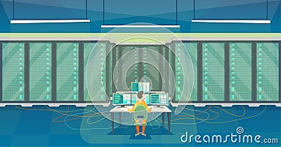 Cartoon Color Server Room Inside Interior. Vector Vector Illustration