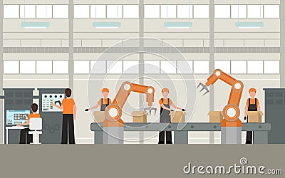 Cartoon Color Smart Factory Inside Interior. Vector Vector Illustration