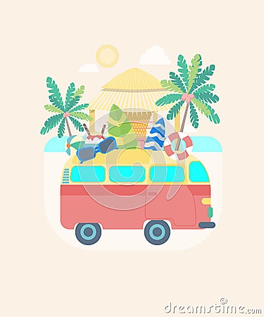 Cartoon Color Summer Bus Transportation. Vector Vector Illustration