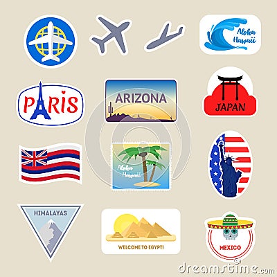 Cartoon Color Travel Stickers Suitcase Set. Vector Vector Illustration