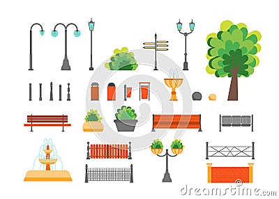 Cartoon Color Urban Park Elements Set. Vector Vector Illustration