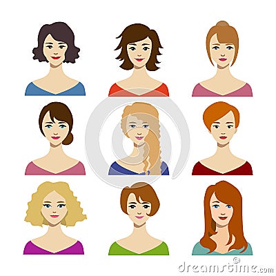 Cartoon Color Woman Hairstyles Icons Set. Vector Vector Illustration