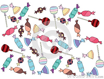 Cartoon colored art set doodle candy lolipop caramel sweet sugar Vector Illustration