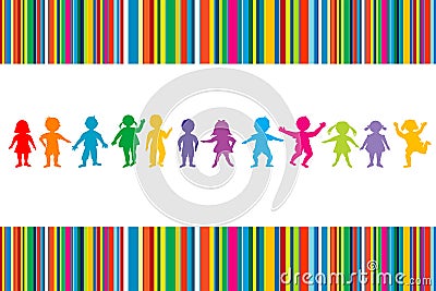 Cartoon colored children on stripped background Vector Illustration