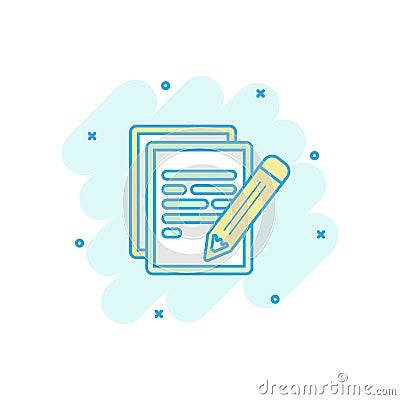 Cartoon colored document with pencil icon in comic style. Note i Vector Illustration