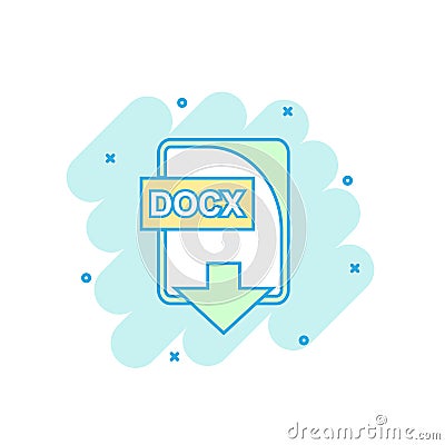 Cartoon colored DOCX file icon in comic style. Docx download ill Vector Illustration