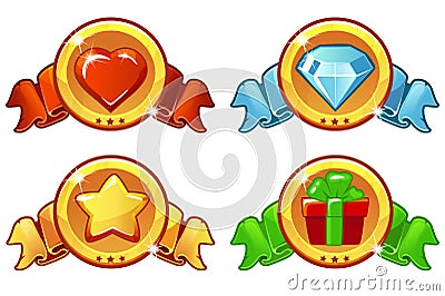 Cartoon colored icon design for game, UI Vector banner, star, heat, gift and diamond icons set Vector Illustration