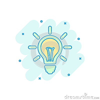 Cartoon colored light bulb icon in comic style. Lighting electric illustration pictogram. Idea lightbulb sign splash business con Vector Illustration