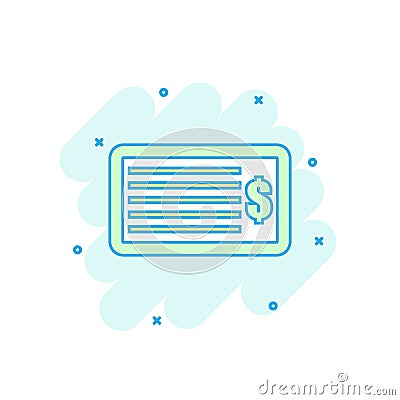 Cartoon colored money check icon in comic style. Bank checkbook Vector Illustration