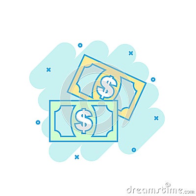 Cartoon colored money icon in comic style. Dollar money illustration pictogram. Coin splash business concept. Vector Illustration