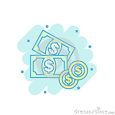 Cartoon colored money icon in comic style. Dollar money illustration pictogram. Coin splash business concept. Vector Illustration