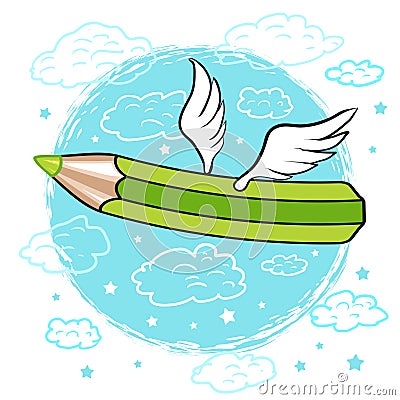 Cartoon colored pencil with wings in the clouds Vector Illustration