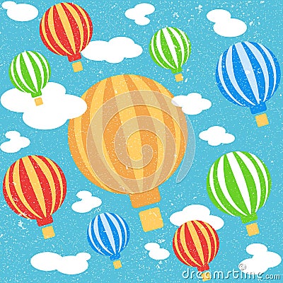 Cartoon colorful balloons in blue sky with clouds. Seamless pattern Vector Illustration