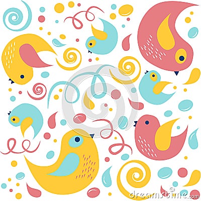 Cartoon colorful birds with dots and lines. Seamless vector pattern Vector Illustration