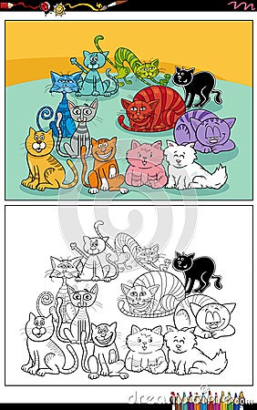 cartoon colorful cats and kittens characters group coloring page Vector Illustration